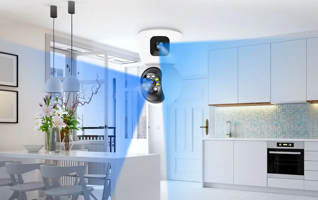 wifi camera P100A with dual lens design and also can upside down mounted on celling