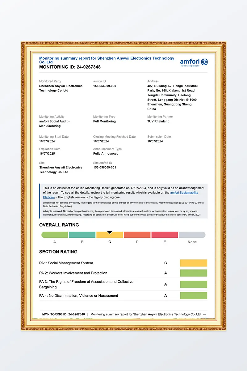 Anywii amfori BSCI audit report issued by TUV