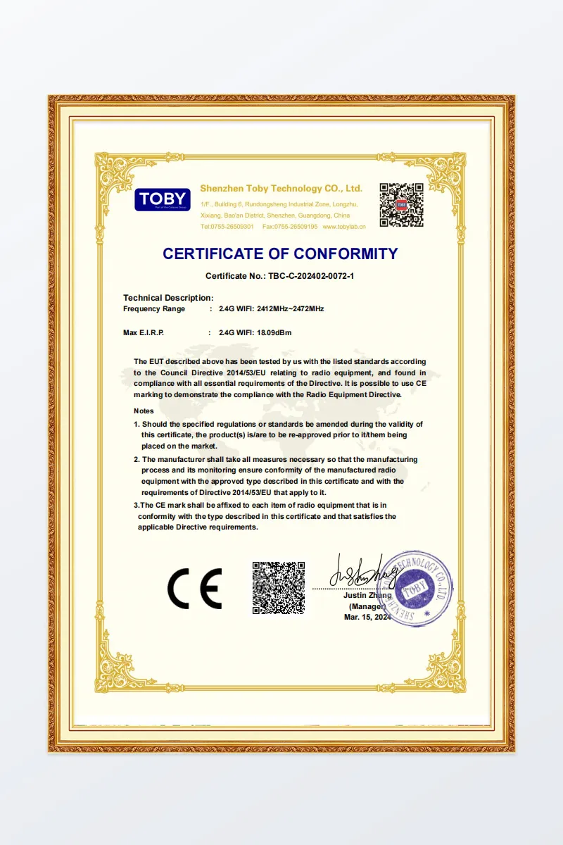 Anywii certificate of conformity for WiFi