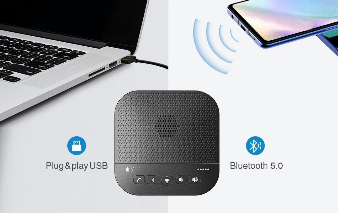 m01 speakerphone support USB plug and play connection and bluetooth 5.0 connection